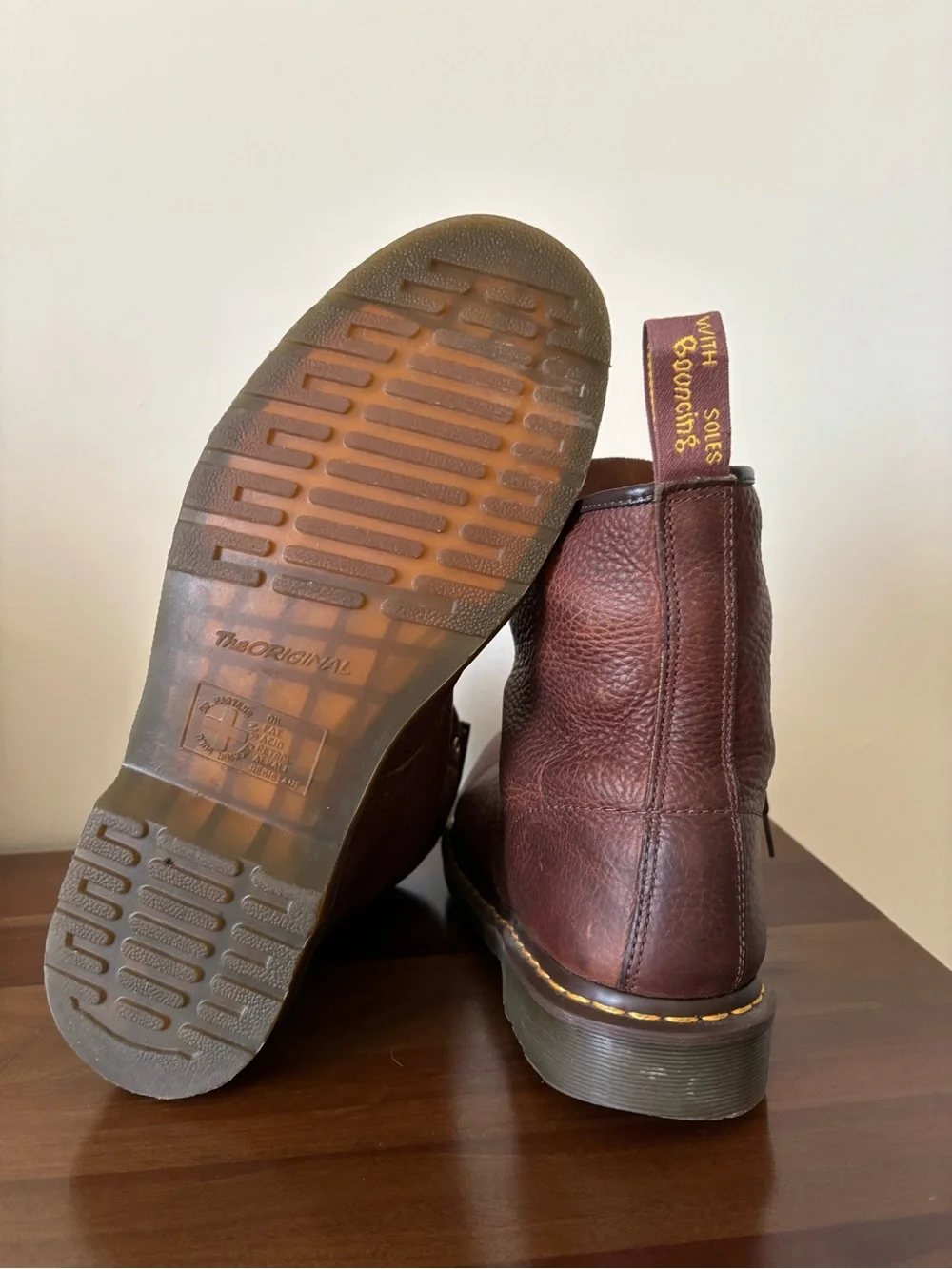 Dr. Martens Brown Leather 8-Eye Lace-Up Boots with Yellow Stitching